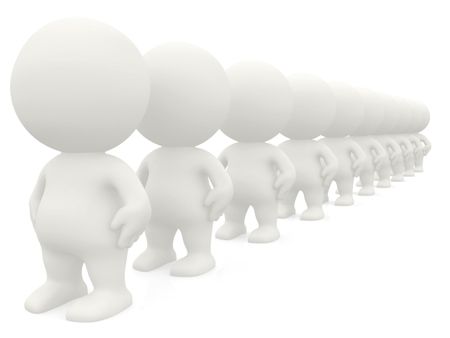 3D men standing in line isolated over a white background