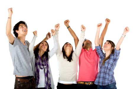 Excited group with arms up isolated over a white background