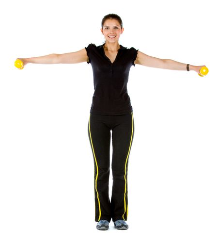 beautiful woman exercising with free weights - isolated over a white background