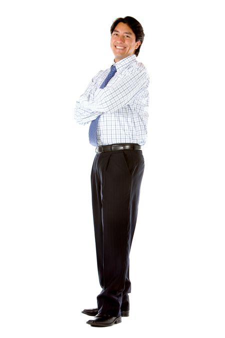 Friendly business man portrait standing isolated over white