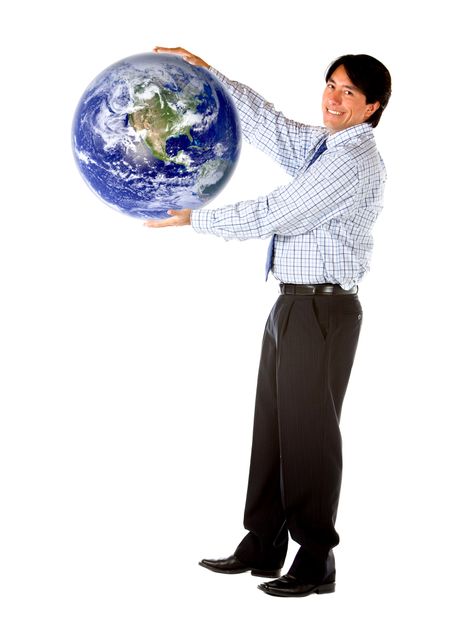 Business man holding globe isolated over a white background
