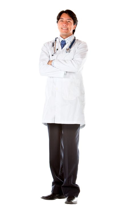 friendly male doctor smiling isolated over white
