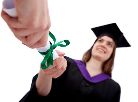 graduation receiving her diploma isolated over a white background