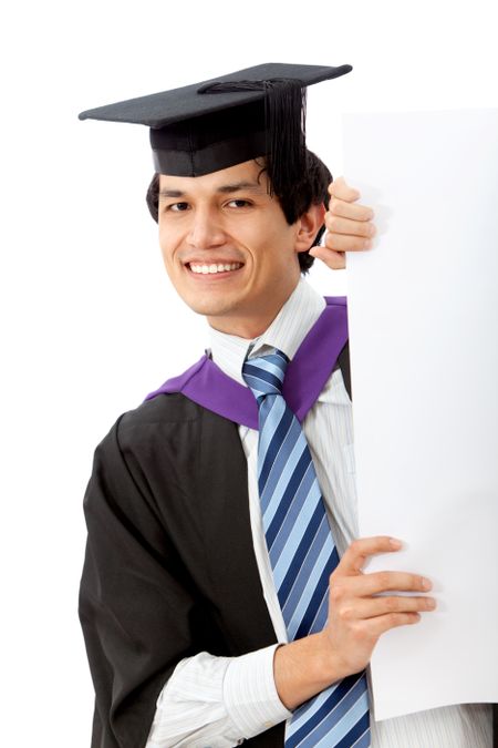 graduation man displaying a banner ad isolated over white