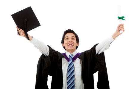graduation man portrait smiling full of joy with his arms up - isolated on white