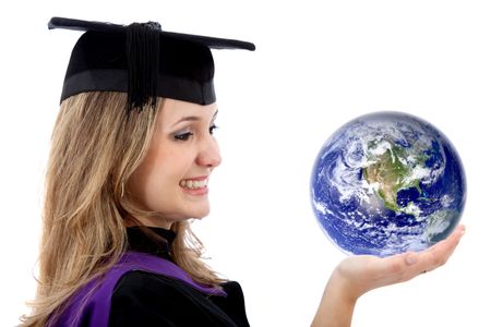 graduation woman holding globe on her hand