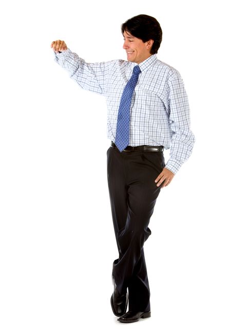 Businessman with hand on something imaginary - isolated over a white background