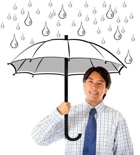 Friendly business man under an umbrella isolated over a white background