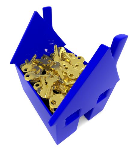 3D house-shaped box with golden keys isolated over a white background