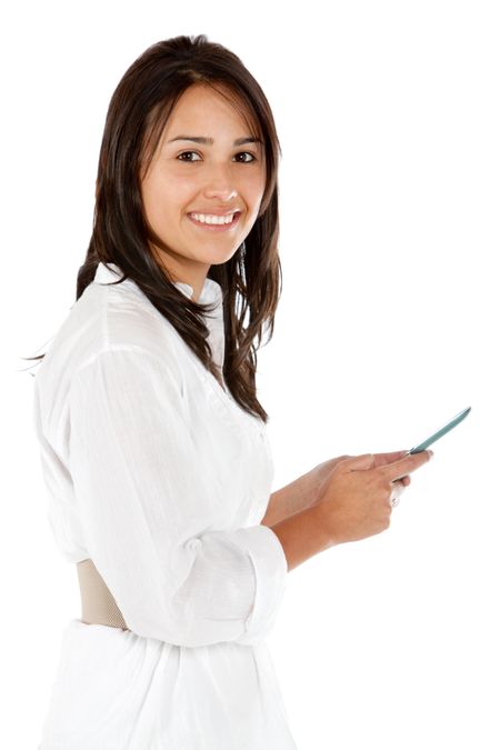woman texting on her cell isolated over a white background