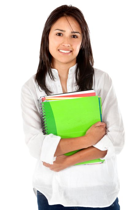 Female student holding notebooks isolated over a whte background
