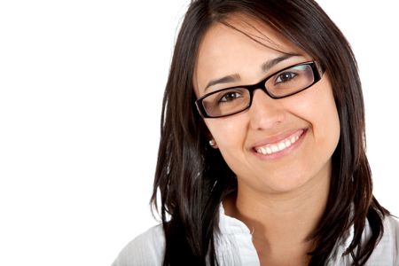 Woman portrait wearing eyeglasses isolated over a white background