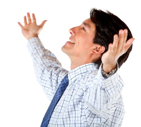Business man with arms opened isolated over a white background