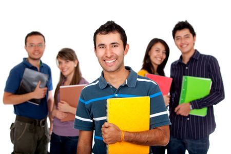 Happy group of students isolated over a white background