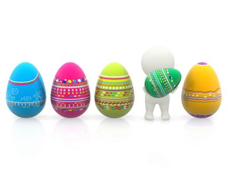 3D man with colorful easter eggs isolated over a white background