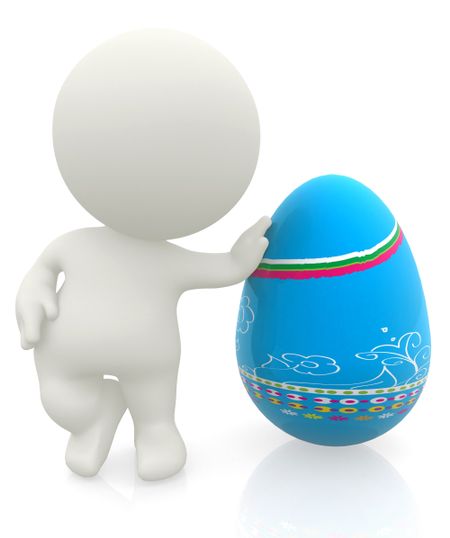 3D man leaning on an easter egg isolated over a white background