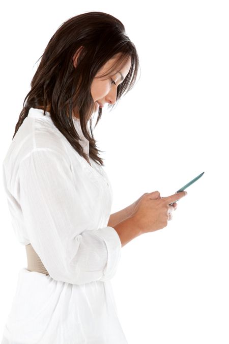 Woman texting on her phone isolated over a white background