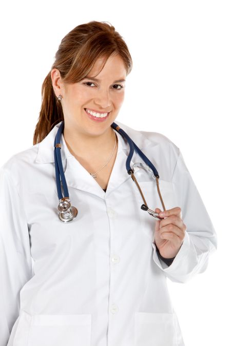 Female doctor smiling isolated over a white background