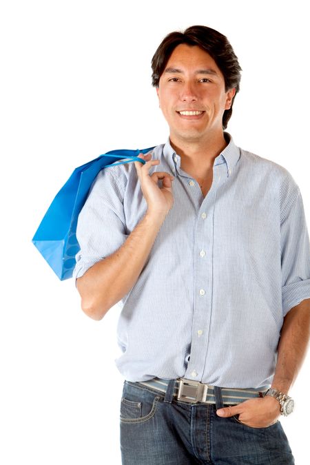 Handsome man with shopping bags isolated on white