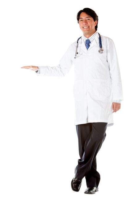 Male doctor leaning on something imaginary - isolated on white background