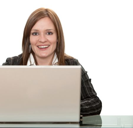 Business woman working with her computer isolated on white