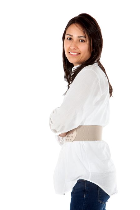 Beautiful casual woman smiling isolated over a white background