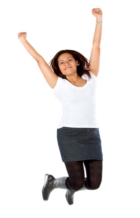 Casual woman jumping isolated over a white background