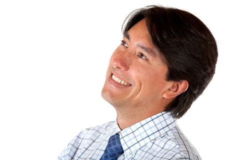 Business man portrait looking up - isolated over a white background