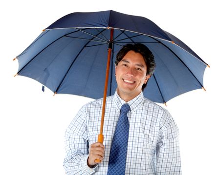 Business man with an umbrella isolated over a white background