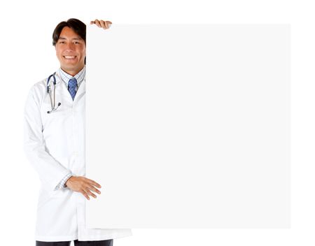 Doctor with a banner isolated over a white background