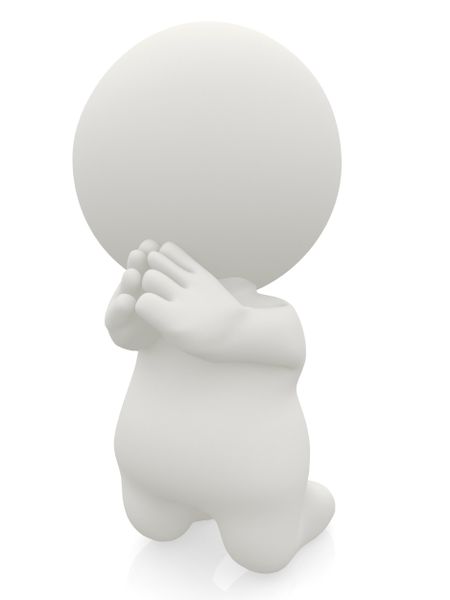 3D man on his knees praying - isolated over a white background