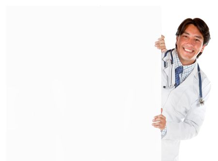 Male doctor with a banner isolated over a white background