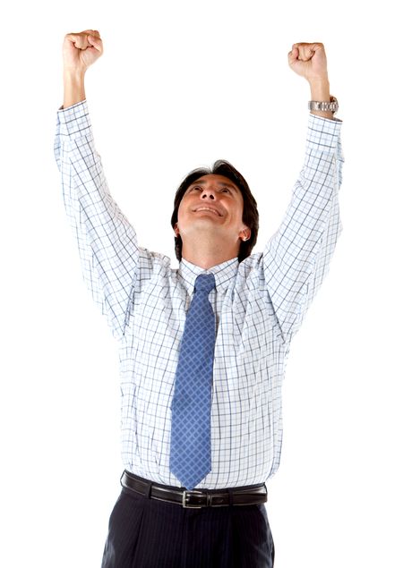 Successful business man with arms up isolated over white