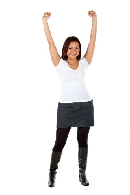 Successful business woman with arms up isolated over white