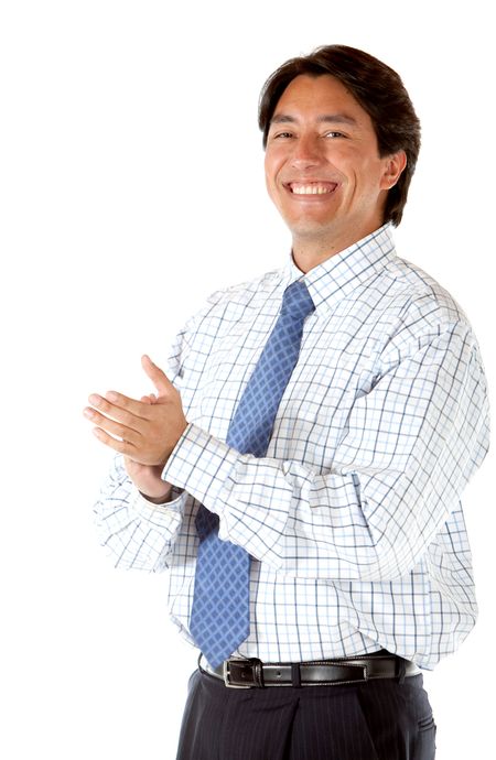 Business man applauding isolated over a white background