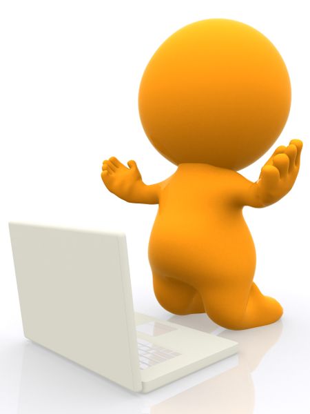 Happy 3D person working on a laptop with arms up - isolated