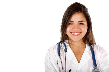 Female doctor smiling isolated over a white background