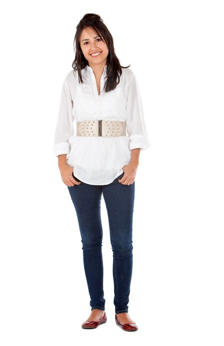 Fullbody casual woman smiling isolated over a white background