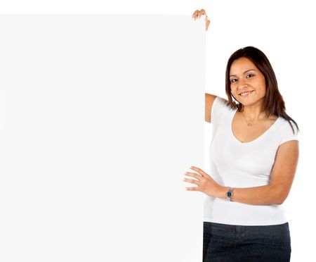 Woman holding a banner isolated over a white background