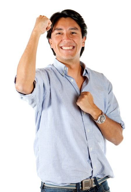 Happy man winning isolated over a white background