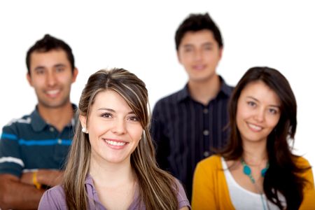Casual group of young people smiling - isolated over a white background