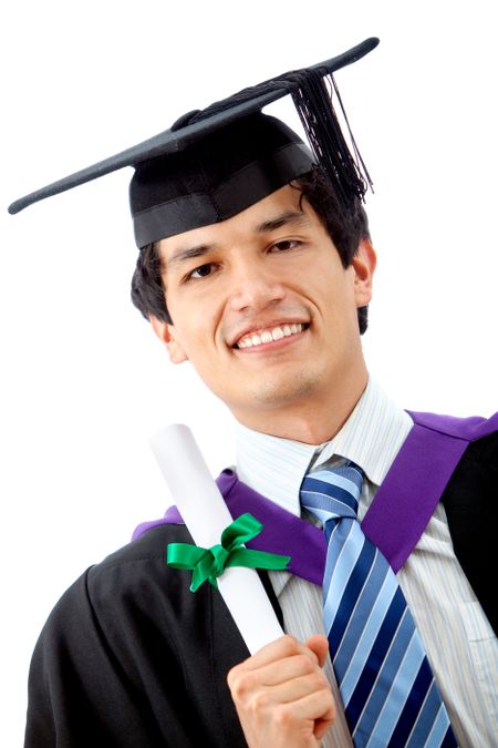 Male graduation student isolated over a white background