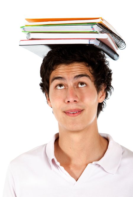 Man carrying with notebooks on his head - isolated over white