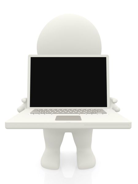3D person lifting a laptop computer isolated over a white background