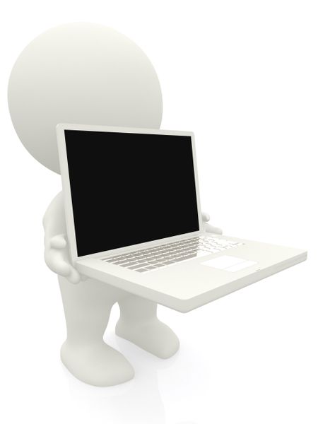 3D person lifting a laptop computer isolated over a white background