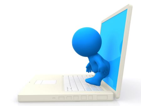 3d person stepping out of a laptop screen - isolated over white