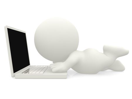 3D man lying on the floor working on a laptop - isolated