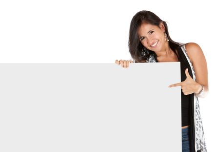 Woman with a banner isolated over a white background