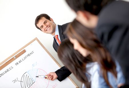 Man in a business meeting displaying the performance of a company