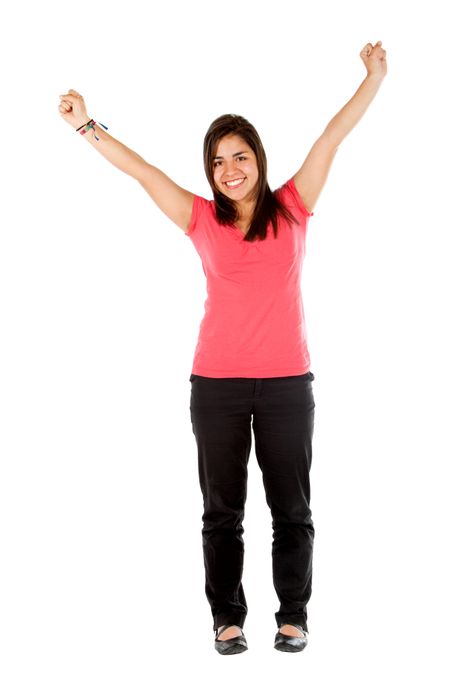 Woman standing with arms up isolated over a white background